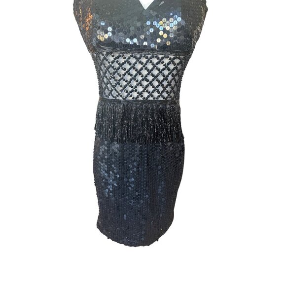 VTG Y2K Nite Way Sequin Prom Dress 8 Cut Out Fringe Mesh Mini Bodycon Cocktail - Picture 4 of 10